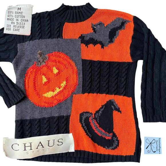 Chaus Sport Sweaters - Chaus Sport Ramie/Cotton Halloween Bat Pumpkin Mockneck Sweater Sz M